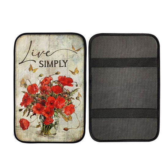 Live Simply Poppy Flower Yellow Butterfly Car Center Console Cover, Christian Gift Car Armrest Pad