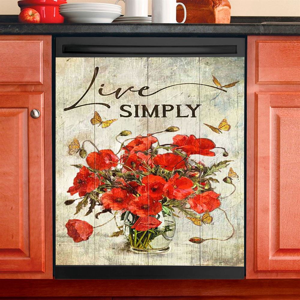 Live Simply Poppy Flower Yellow Butterfly Dishwasher Cover, Inspirational Dishwasher Wrap, Christian Kitchen Decoration