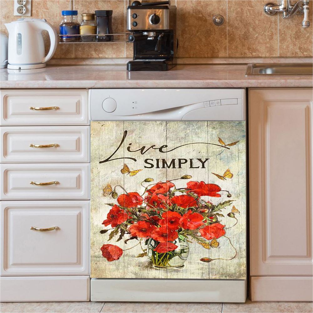 Live Simply Poppy Flower Yellow Butterfly Dishwasher Cover, Inspirational Dishwasher Wrap, Christian Kitchen Decoration