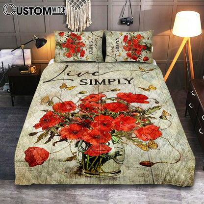 Live Simply Poppy Flower Yellow Butterfly Quilt Bedding Set Print - Inspirational Quilt Bedding Set Art - Christian Bedroom Home Decor