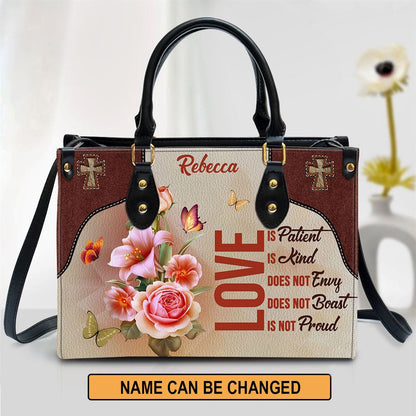 Love Is Patient Beautiful Personalized Leather Bag For Women, Religious Gifts For Women