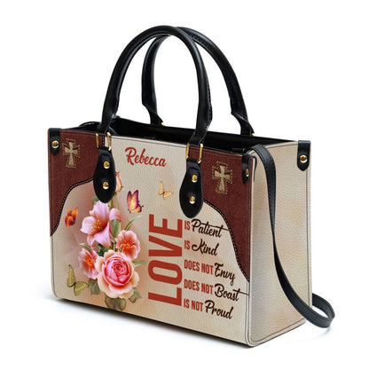 Love Is Patient Beautiful Personalized Leather Bag For Women, Religious Gifts For Women