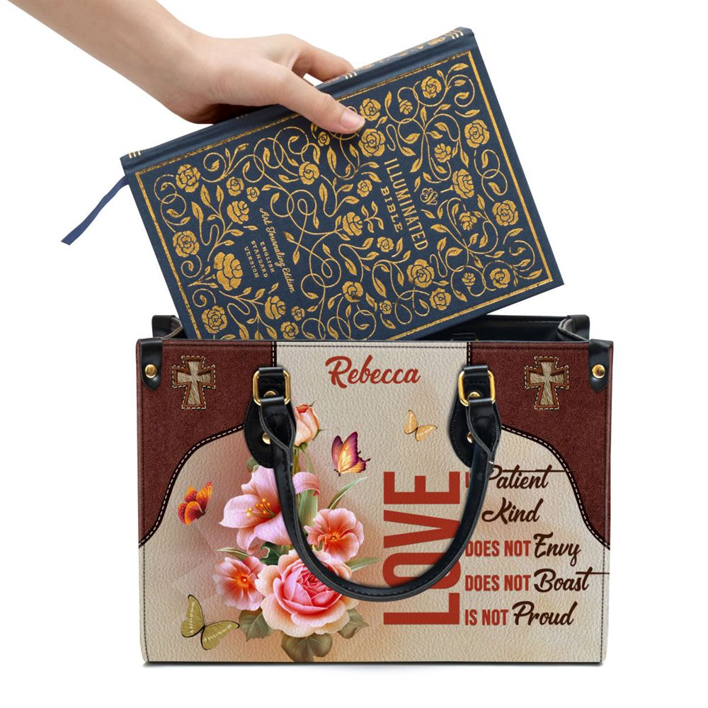 Love Is Patient Beautiful Personalized Leather Bag For Women, Religious Gifts For Women