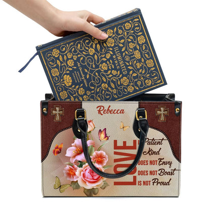 Love Is Patient Beautiful Personalized Leather Bag For Women, Religious Gifts For Women