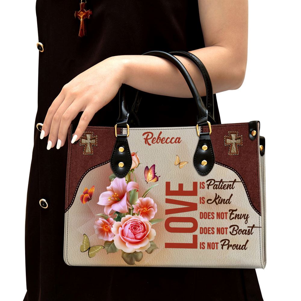 Love Is Patient Beautiful Personalized Leather Bag For Women, Religious Gifts For Women