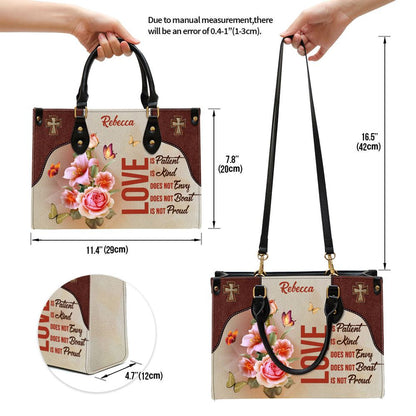 Love Is Patient Beautiful Personalized Leather Bag For Women, Religious Gifts For Women