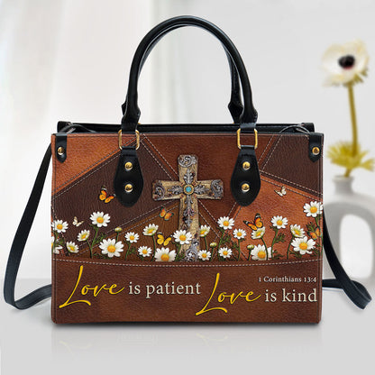 Love Is Patient Old Rugged Cross Leather Handbag, Religious Gifts For Women, Women Pu Leather Bag