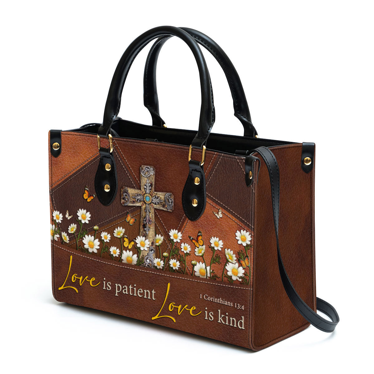 Love Is Patient Old Rugged Cross Leather Handbag, Religious Gifts For Women, Women Pu Leather Bag