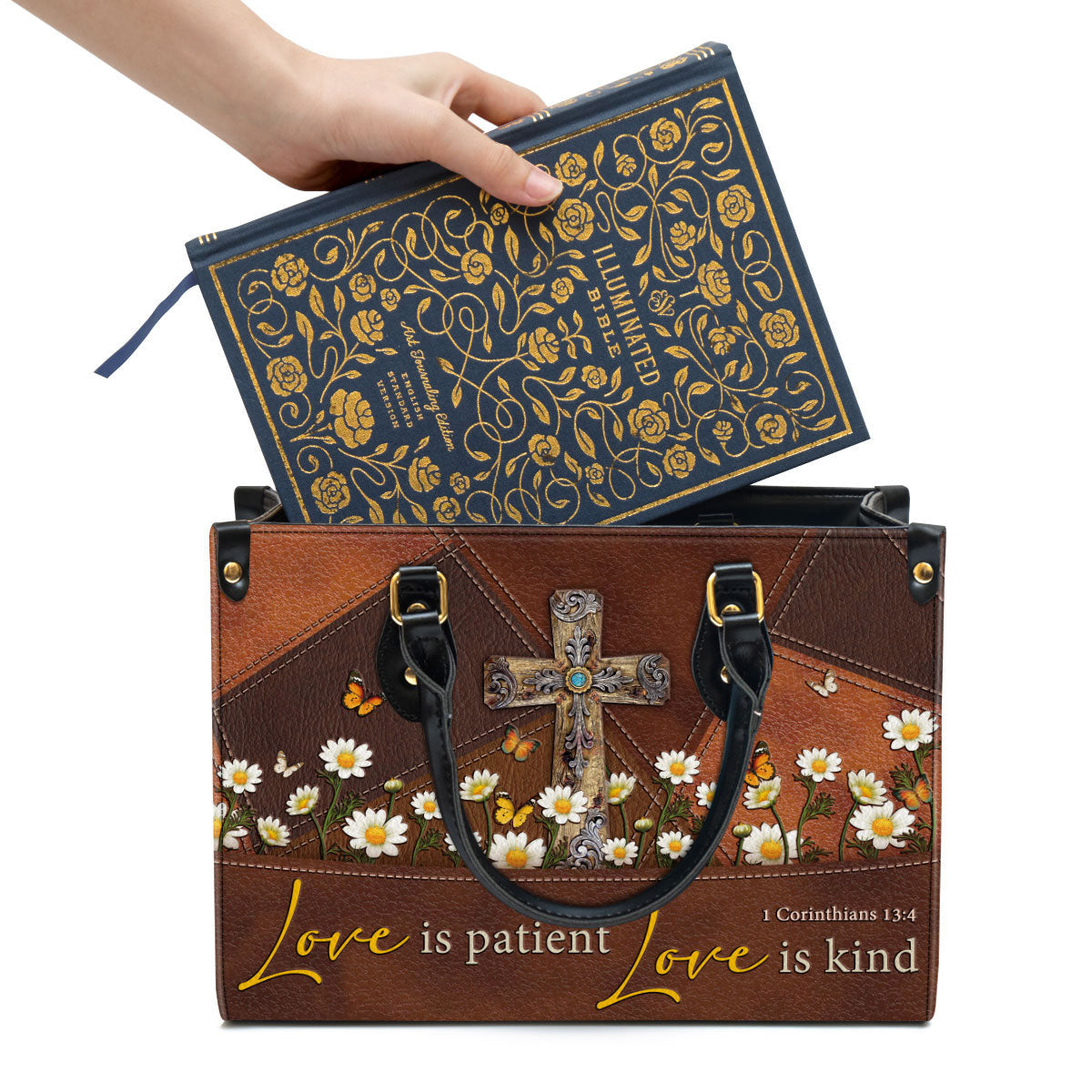 Love Is Patient Old Rugged Cross Leather Handbag, Religious Gifts For Women, Women Pu Leather Bag