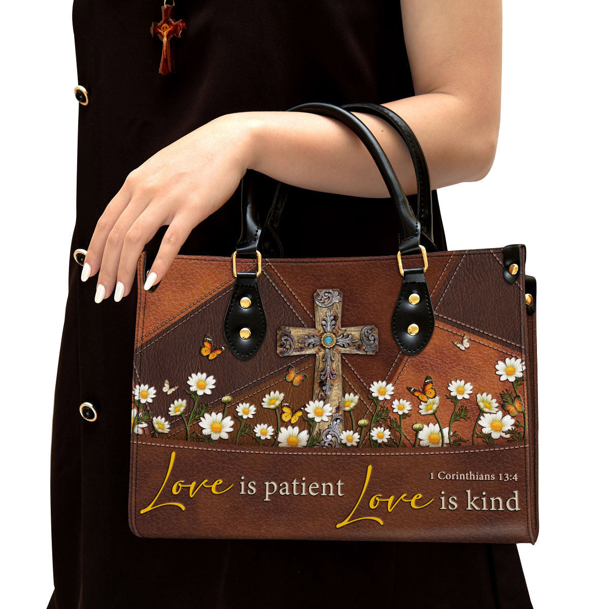 Love Is Patient Old Rugged Cross Leather Handbag, Religious Gifts For Women, Women Pu Leather Bag