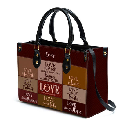 Love Is Patient Personalized Leather Handbag With Handle Spiritual Gifts For Christian Women