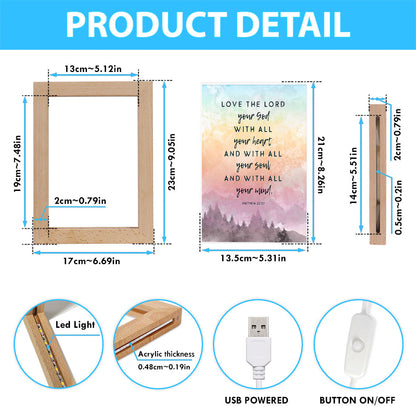 Love The Lord Your God With All Your Heart Frame Lamp Prints - Matthew 22 37 - Christian Night Light Decor