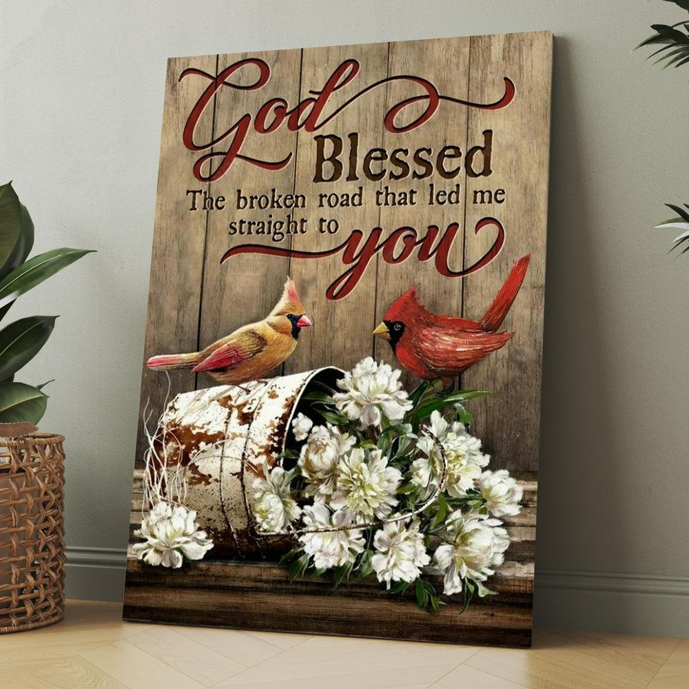 Lovely Cardinal Painting, Gorgeous Peony, God Blessed The Broken Road Canvas, Christmas Gift for Christian