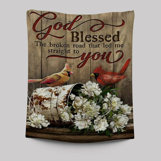 Lovely Cardinal Painting, Gorgeous Peony, God Blessed The Broken Road Tapestry