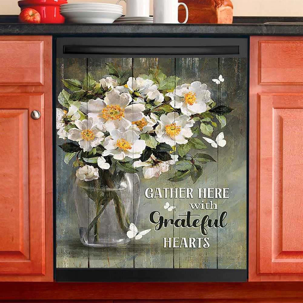 Magnolias Flower Gather Here With Grateful Hearts Dishwasher Cover, Christian Dishwasher Wrap, Religious Kitchen Decoration