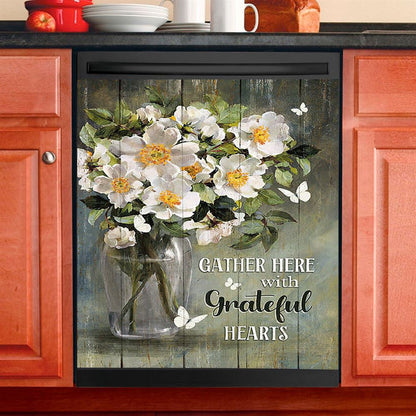 Magnolias Flower Gather Here With Grateful Hearts Dishwasher Cover, Christian Dishwasher Wrap, Religious Kitchen Decoration