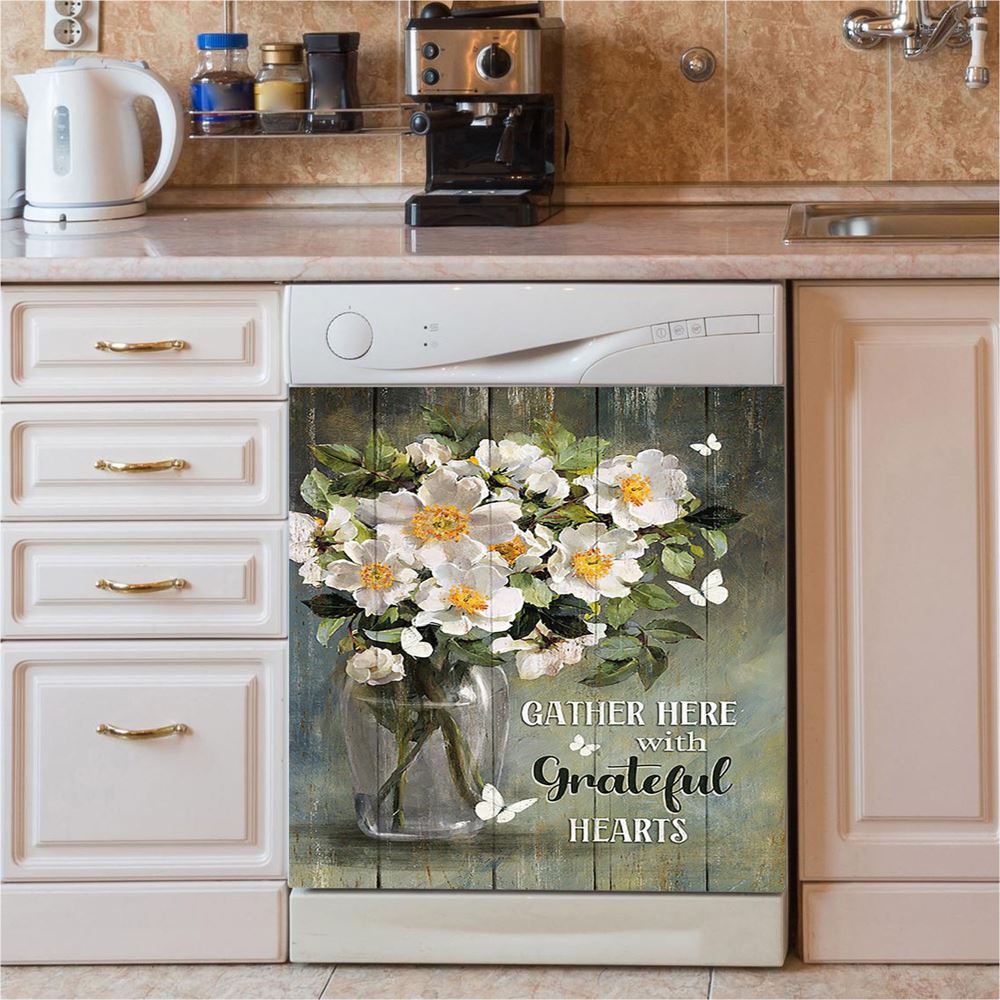 Magnolias Flower Gather Here With Grateful Hearts Dishwasher Cover, Christian Dishwasher Wrap, Religious Kitchen Decoration
