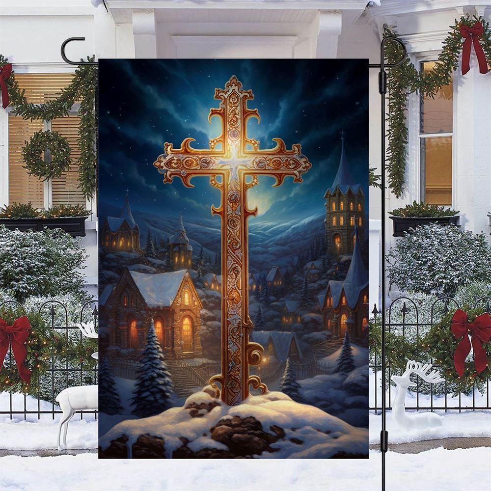 Majestic Midnight Cross Flag, Christian Christmas House Flag, Christmas Outdoor Decor Ideas