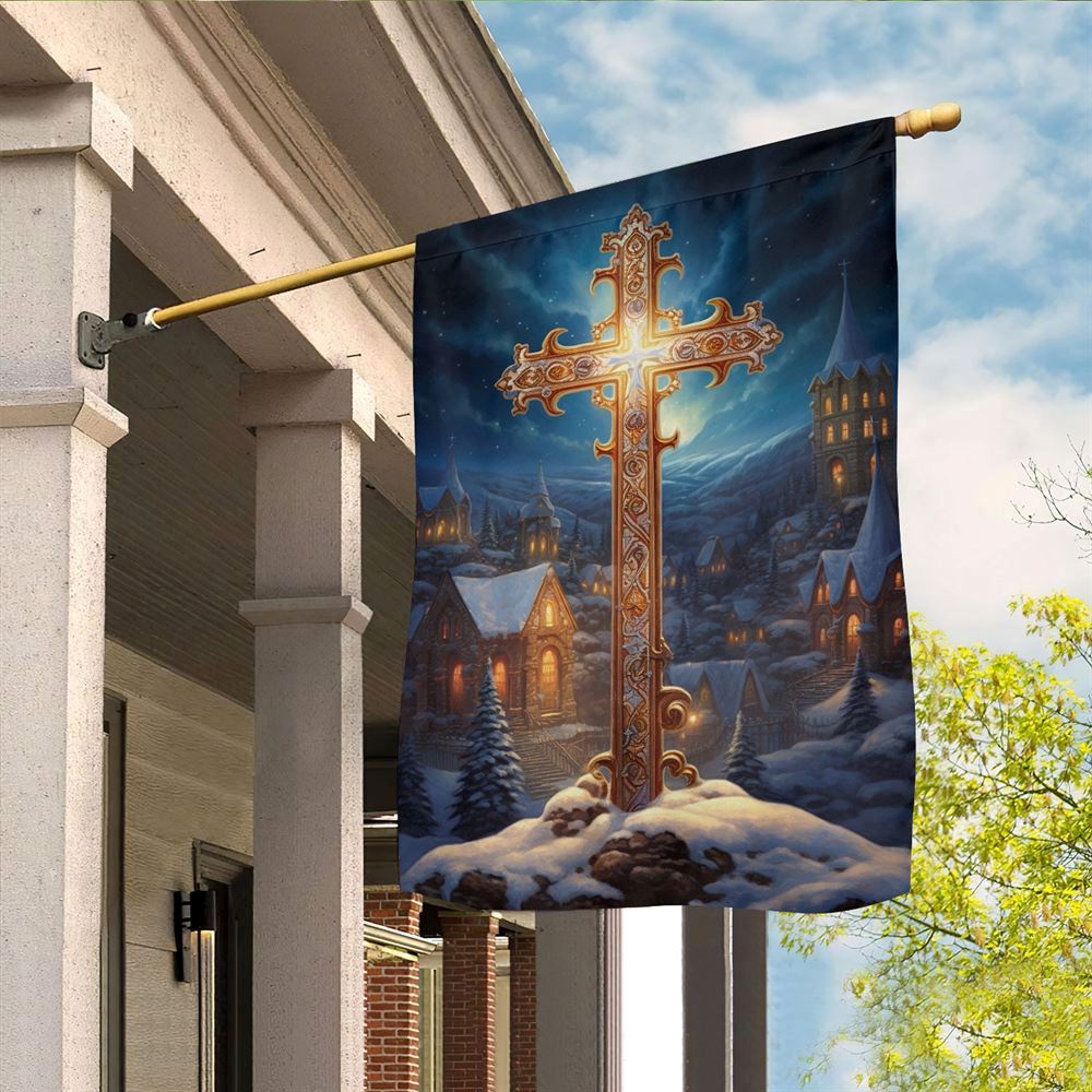 Majestic Midnight Cross Flag, Christian Christmas House Flag, Christmas Outdoor Decor Ideas