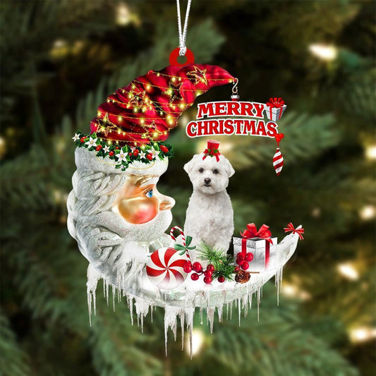 Maltese On The Moon Merry Christmas Hanging Ornament, Christmas Gift, Christmas Tree Decorations, Christmas Ornament 2023