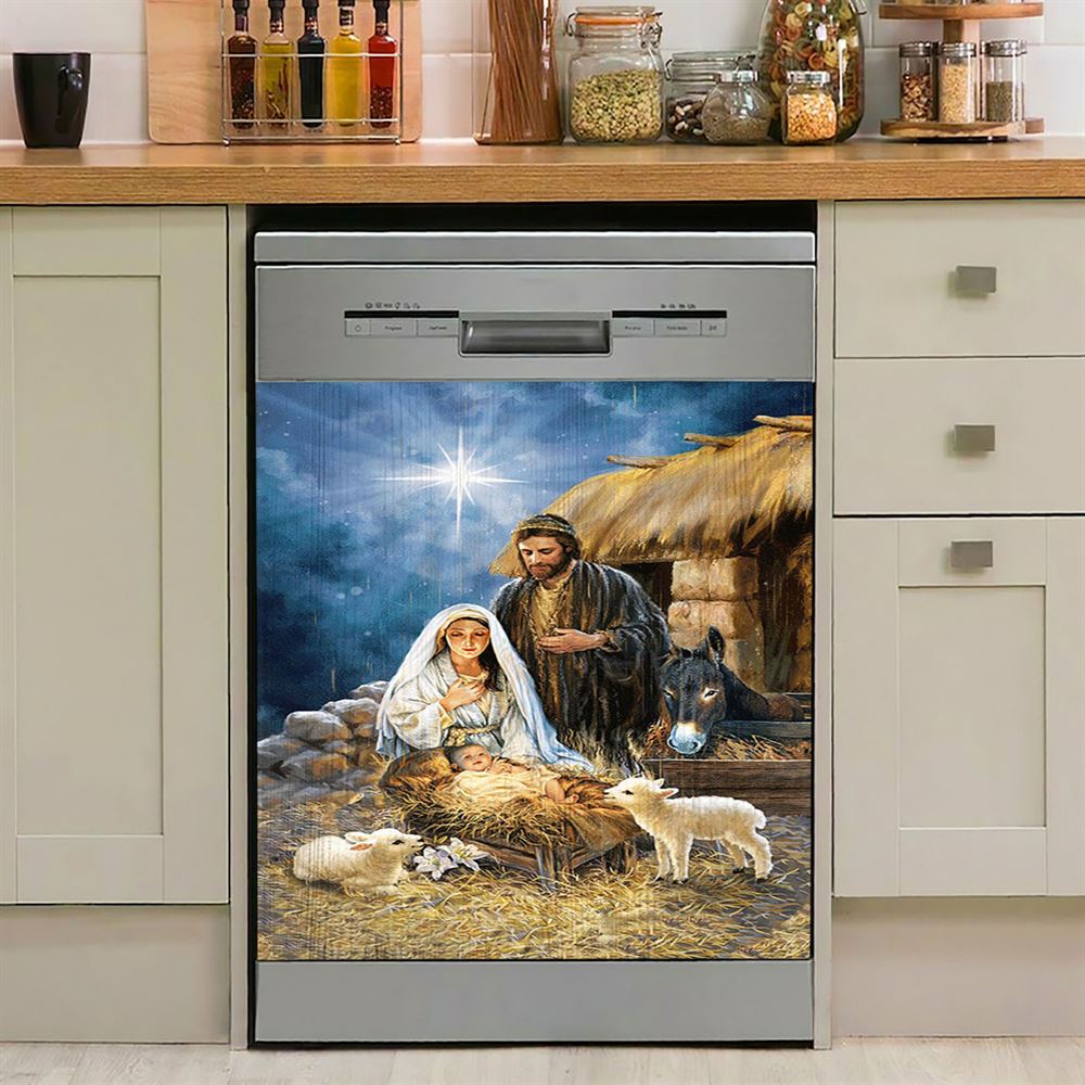 Maria Baby Jesus Was Born In Christmas Night Dishwasher Cover, Inspirational Dishwasher Wrap, Christian Kitchen Decoration