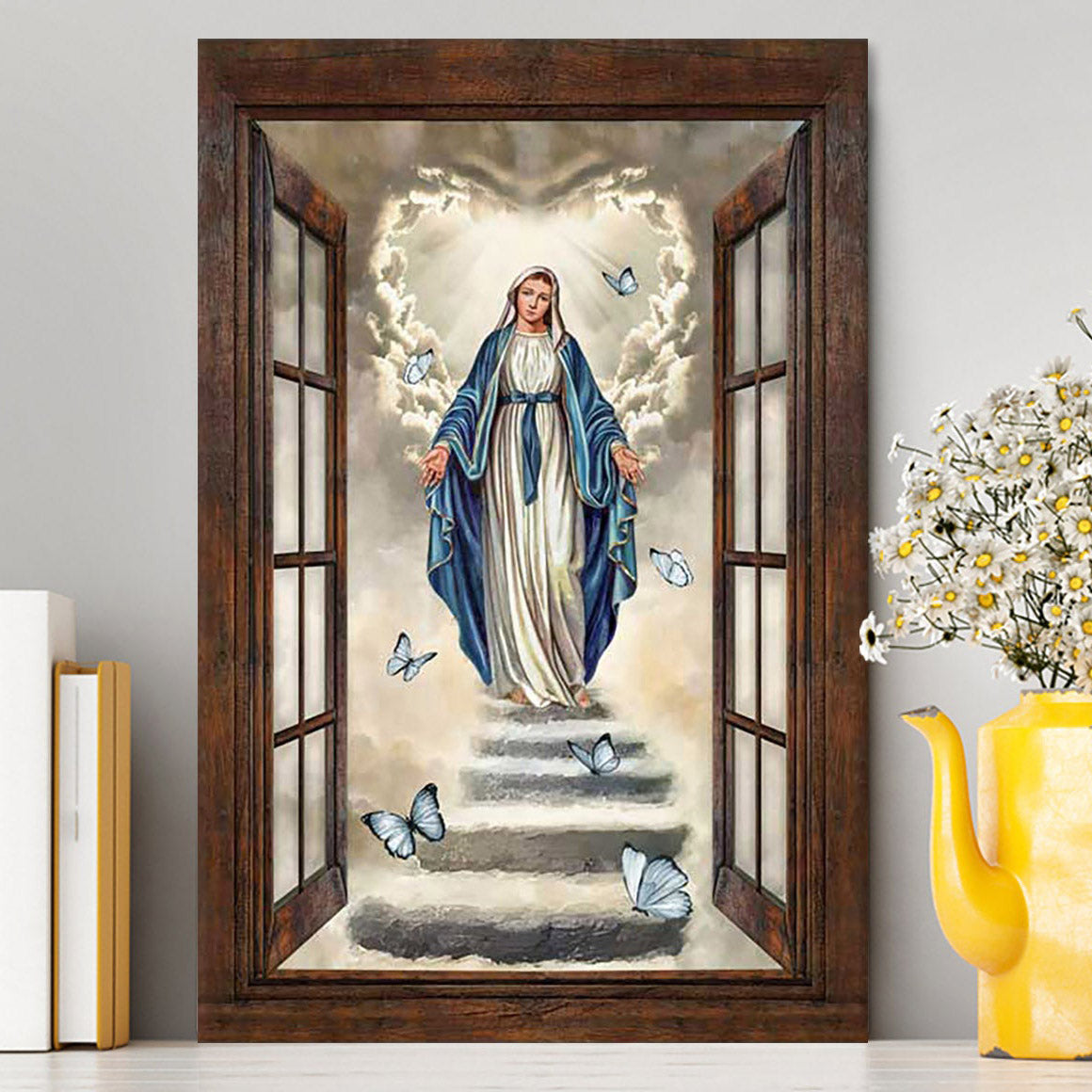 Maria Blue Butterfly Vintage Window The Way To Heaven Canvas Print - Inspirational Canvas Art - Christian Wall Art Home Decor