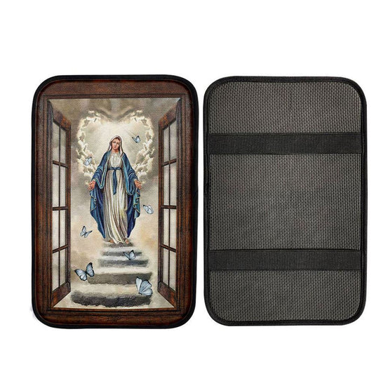 Maria Blue Butterfly Vintage Window The Way To Heaven Car Center Console Cover, Christian Gift Car Armrest Pad