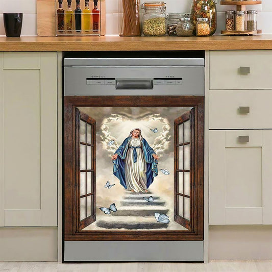 Maria Blue Butterfly Vintage Window The Way To Heaven Dishwasher Cover, Inspirational Dishwasher Wrap, Christian Kitchen Decoration