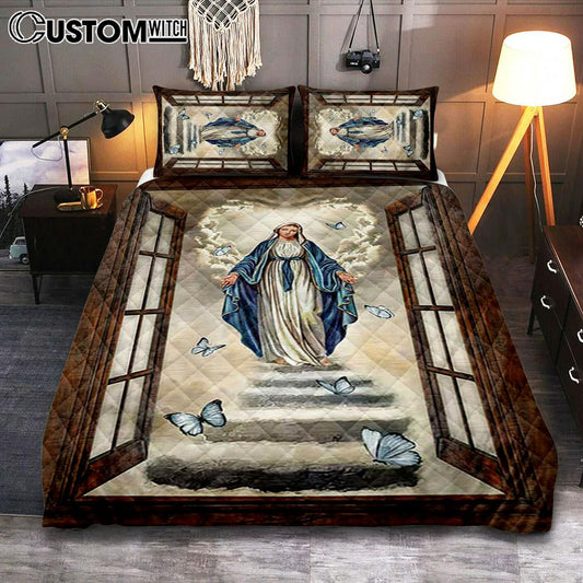 Maria Blue Butterfly Vintage Window The Way To Heaven Quilt Bedding Set Print - Inspirational Quilt Bedding Set Art - Christian Bedroom Home Decor