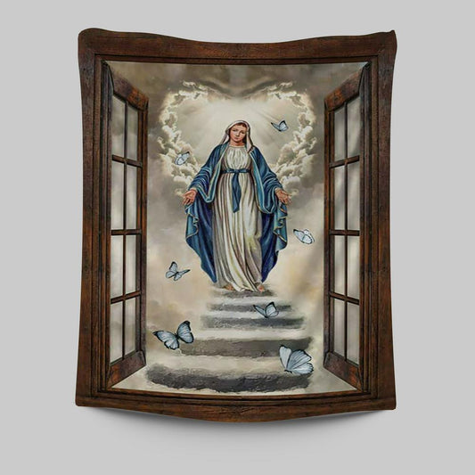 Maria Blue Butterfly Vintage Window The Way To Heaven Tapestry Print - Inspirational Tapestry Art - Christian Wall Art Home Decor