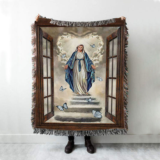 Maria Blue Butterfly Vintage Window The Way To Heaven Woven Blanket Print - Inspirational Woven Blanket Art - Christian Throw Blanket Home Decor