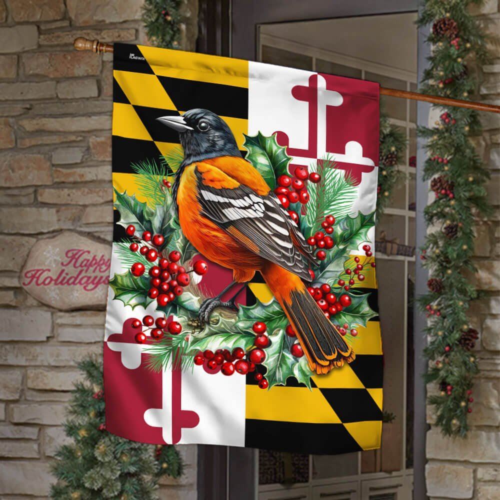 Maryland Christmas Baltimore Oriole Bird And  Christmas Wreath Flag, Christmas Garden Flag, Home Decor Accessories, Christmas Outdoor Decor Ideas