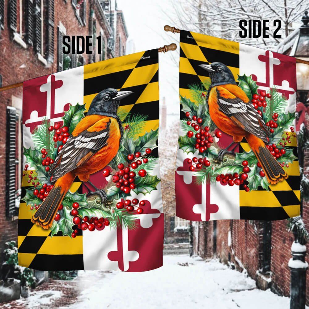 Maryland Christmas Baltimore Oriole Bird And  Christmas Wreath Flag, Christmas Garden Flag, Home Decor Accessories, Christmas Outdoor Decor Ideas