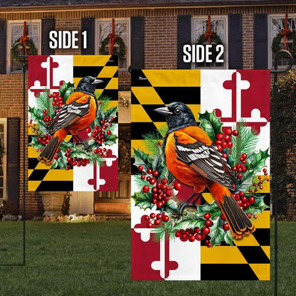 Maryland Christmas Baltimore Oriole Bird And  Christmas Wreath Flag, Christmas Garden Flag, Home Decor Accessories, Christmas Outdoor Decor Ideas