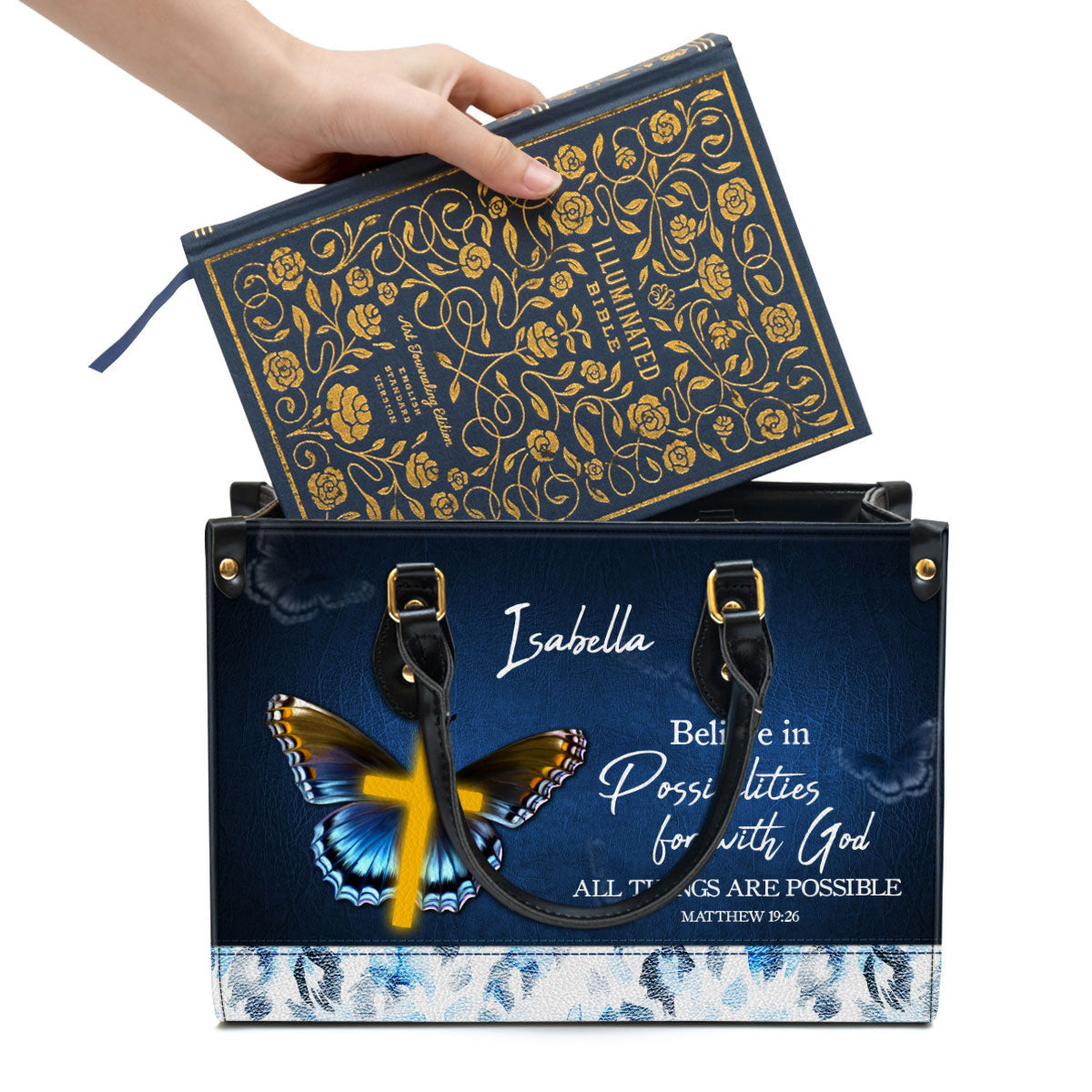 Matthew 1926 All Things Are Possible Leather Bag, Personalized Leather Bible Handbag, Christian Gifts For Women