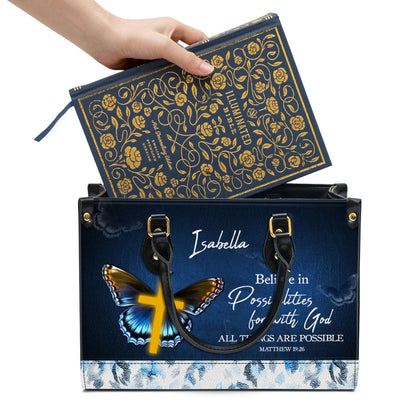 Matthew 1926 All Things Are Possible Leather Bag, Personalized Leather Bible Handbag, Christian Gifts For Women