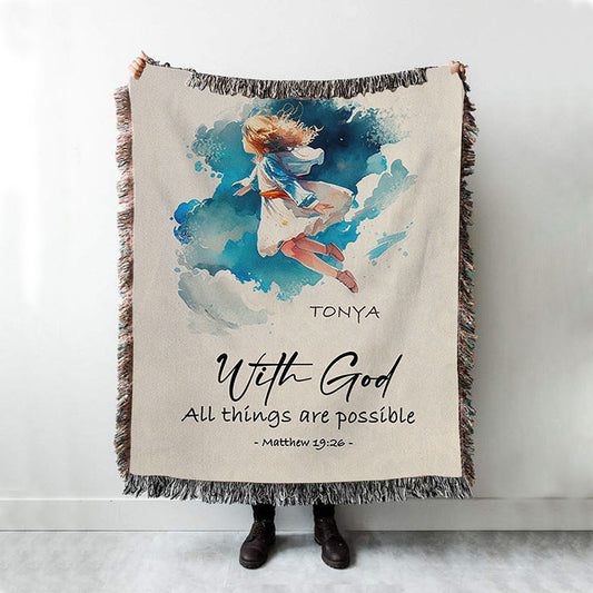 Matthew 196 With God All Things Are Possible Personalized Woven Throw Blanket - Religious Woven Blanket Prints - Bible Woven Blanket Art