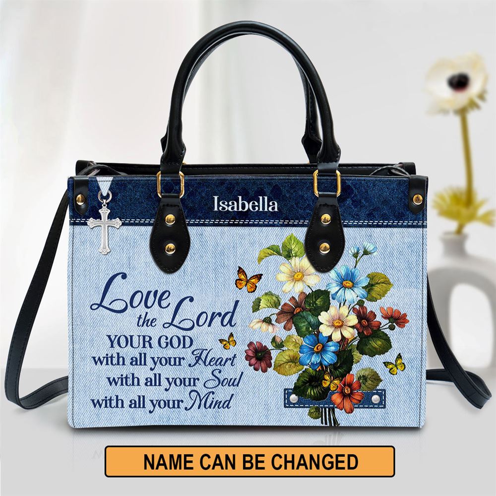 Matthew 2237 Personalized Flower Leather Handbag Love The Lord Your God With All Your Heart