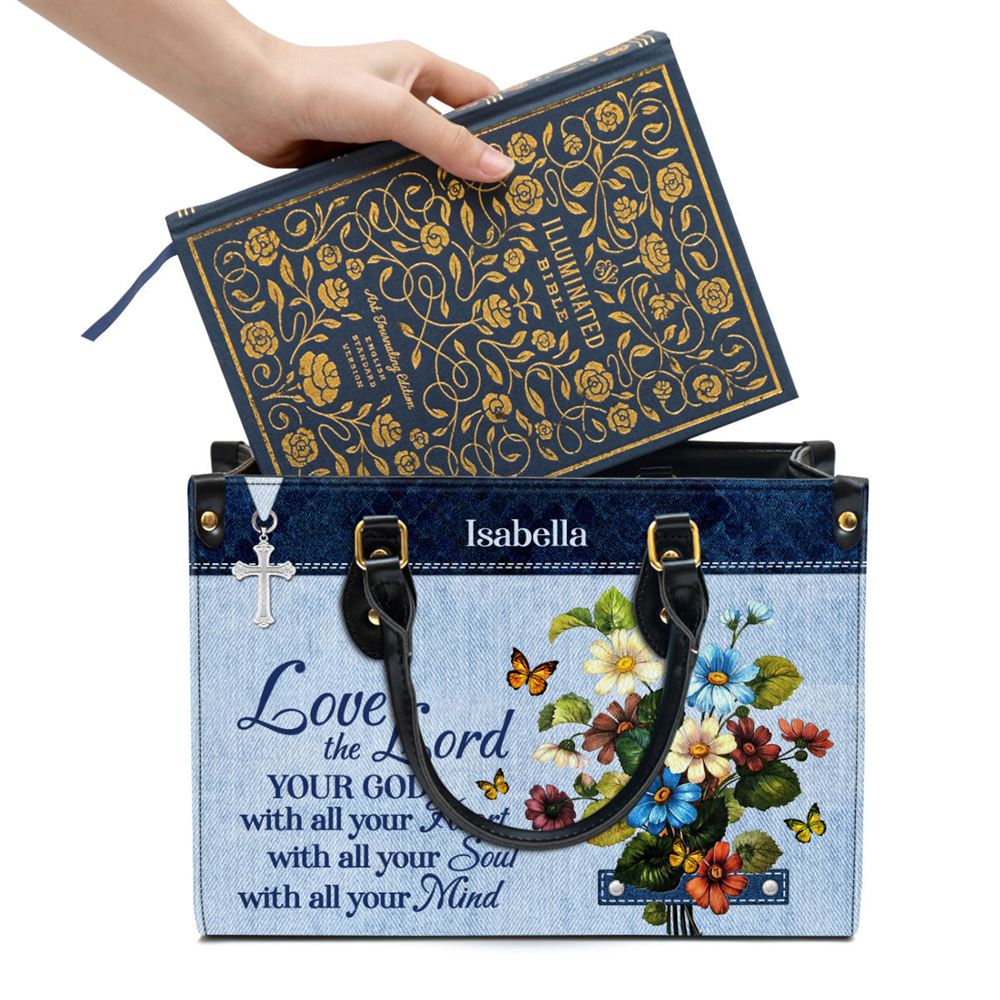 Matthew 2237 Personalized Flower Leather Handbag Love The Lord Your God With All Your Heart