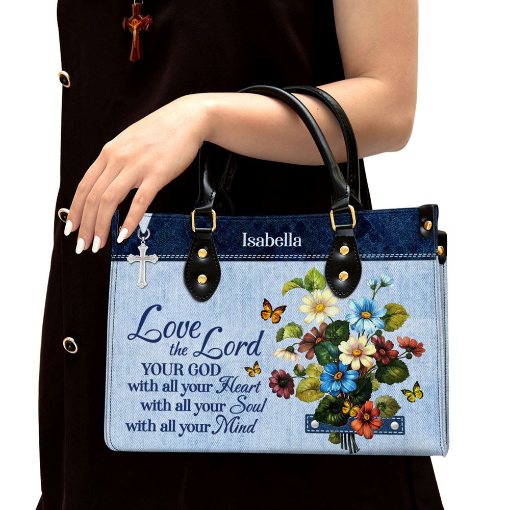 Matthew 2237 Personalized Flower Leather Handbag Love The Lord Your God With All Your Heart