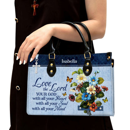 Matthew 2237 Personalized Flower Leather Handbag Love The Lord Your God With All Your Heart