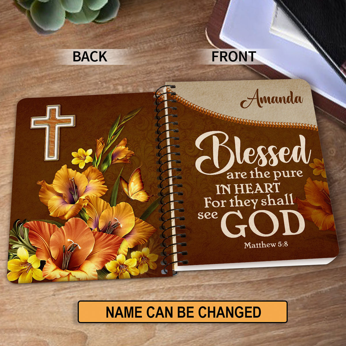 Matthew 58 Flower And Cross Blessed Are The Pure In Heart Beautiful Personalized Spiral Journal, Spiritual Gift Faith For Christians
