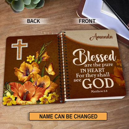 Matthew 58 Flower And Cross Blessed Are The Pure In Heart Beautiful Personalized Spiral Journal, Spiritual Gift Faith For Christians