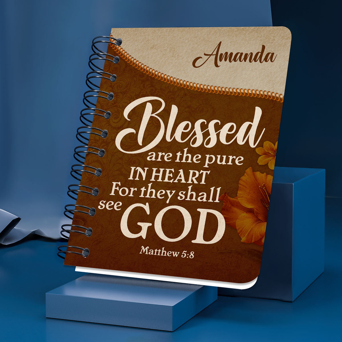Matthew 58 Flower And Cross Blessed Are The Pure In Heart Beautiful Personalized Spiral Journal, Spiritual Gift Faith For Christians