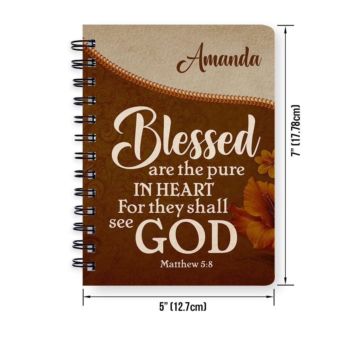 Matthew 58 Flower And Cross Blessed Are The Pure In Heart Beautiful Personalized Spiral Journal, Spiritual Gift Faith For Christians