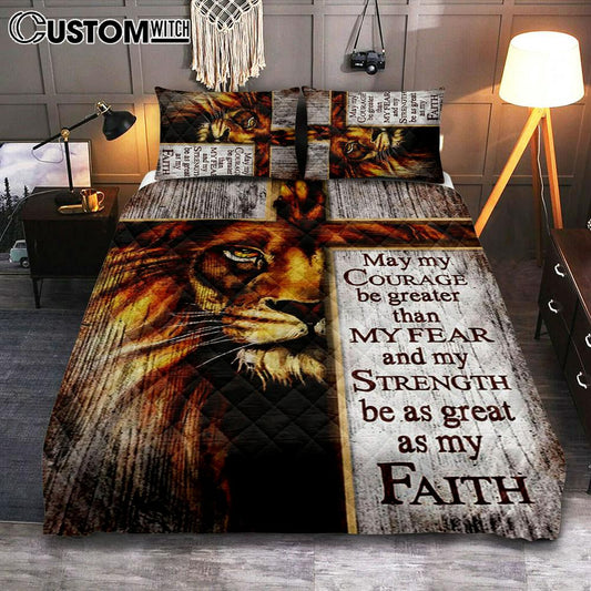May My Courage Be Greater Than My Fear Lion Of Judah Quilt Bedding Set Bedroom - Christian Quilt Bedding Set Prints - Religious Cover Twin Bedding Decor