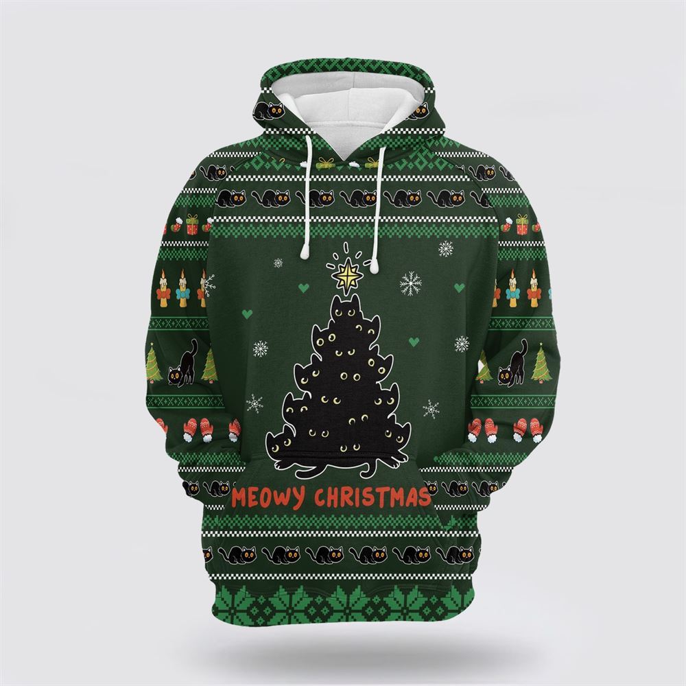 Meowy Christmas Black Cat All Over Print 3D Hoodie For Men And Women, Christmas Cat Hoodie, Christmas Hoodie Cute, Christmas Fashion