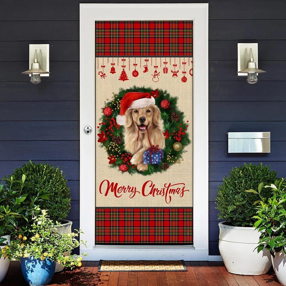 Merry Christmas Golden Retriever Door Cover, Christmas Garage Door Covers, Christmas Outdoor Decoration