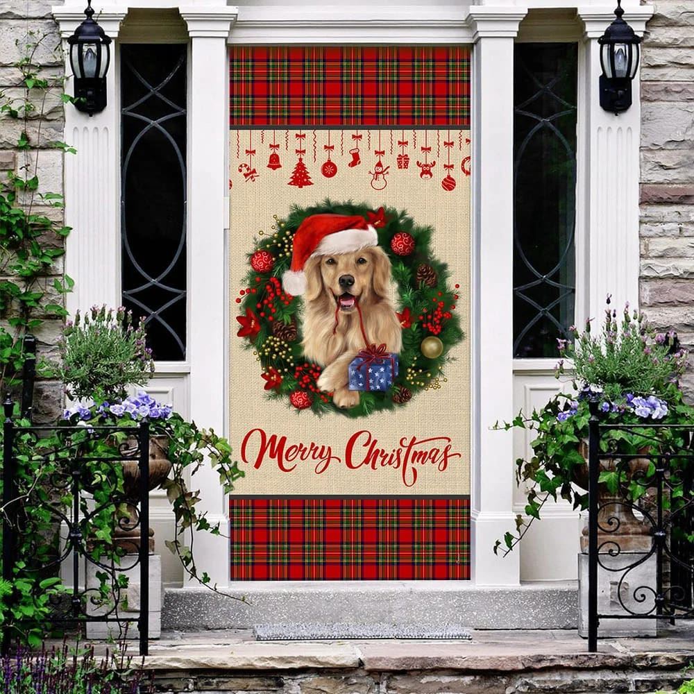 Merry Christmas Golden Retriever Door Cover, Christmas Garage Door Covers, Christmas Outdoor Decoration