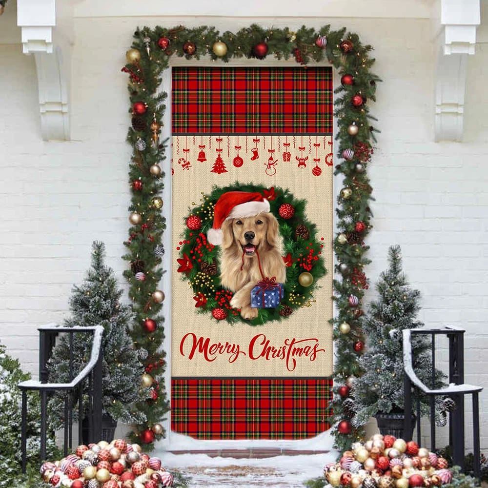 Merry Christmas Golden Retriever Door Cover, Christmas Garage Door Covers, Christmas Outdoor Decoration